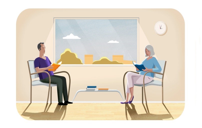 image of people sitting by window